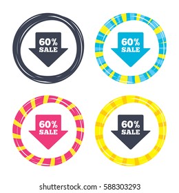 60% sale arrow tag sign icon. Discount symbol. Special offer label. Colored buttons with icons. Poker chip concept. Vector