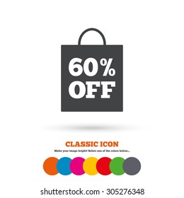 60% sale bag tag sign icon. Discount symbol. Special offer label. Classic flat icon. Colored circles. Vector