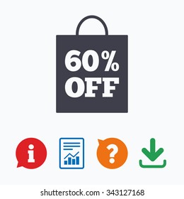 60% sale bag tag sign icon. Discount symbol. Special offer label. Information think bubble, question mark, download and report.