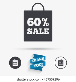 60% sale bag tag sign icon. Discount symbol. Special offer label. Flat icons. Buttons with icons. Thank you ribbon. Vector