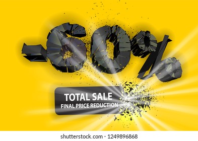 60% sale black sign with exploding plate. Vector illustration. Yellow background