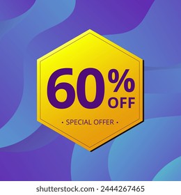 60% Sale and Discount Label. Sixty percent Sale Discount label Geometric design. Abstract Blue and Yellow Hexagon. Vector illustration.