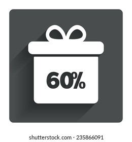 60% sale gift box tag sign icon. Discount symbol. Special offer label. Gray flat square button with shadow. Modern UI website navigation. Vector