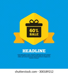 60% sale gift box tag sign icon. Discount symbol. Special offer label. Yellow label tag. Circles seamless pattern on back. Vector