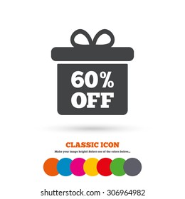 60% sale gift box tag sign icon. Discount symbol. Special offer label. Classic flat icon. Colored circles. Vector