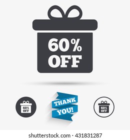 60% sale gift box tag sign icon. Discount symbol. Special offer label. Flat icons. Buttons with icons. Thank you ribbon. Vector