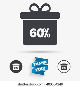 60% sale gift box tag sign icon. Discount symbol. Special offer label. Flat icons. Buttons with icons. Thank you ribbon. Vector