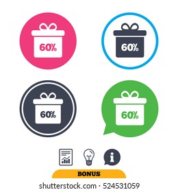 60% sale gift box tag sign icon. Discount symbol. Special offer label. Report document, information sign and light bulb icons. Vector
