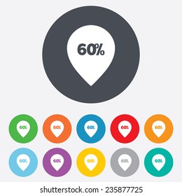 60% sale pointer tag sign icon. Discount symbol. Special offer label. Round colourful 11 buttons. Vector