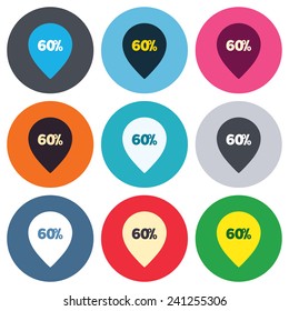 60% sale pointer tag sign icon. Discount symbol. Special offer label. Colored round buttons. Flat design circle icons set. Vector
