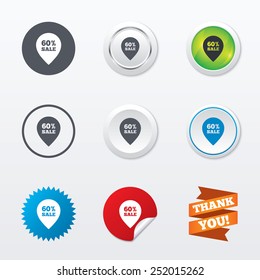 60% sale pointer tag sign icon. Discount symbol. Special offer label. Circle concept buttons. Metal edging. Star and label sticker. Vector