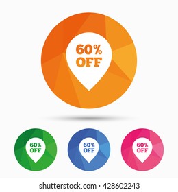 60% sale pointer tag sign icon. Discount symbol. Special offer label. Triangular low poly button with flat icon. Vector