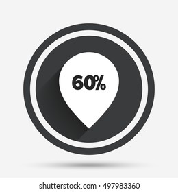 60% sale pointer tag sign icon. Discount symbol. Special offer label. Circle flat button with shadow and border. Vector
