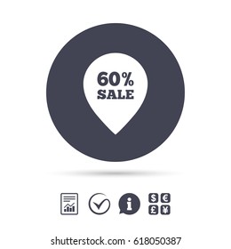 60% sale pointer tag sign icon. Discount symbol. Special offer label. Report document, information and check tick icons. Currency exchange. Vector
