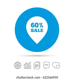 60% sale pointer tag sign icon. Discount symbol. Special offer label. Copy files, chat speech bubble and chart web icons. Vector