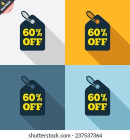 60% sale price tag sign icon. Discount symbol. Special offer label. Four squares. Colored Flat design buttons. Vector