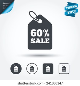 60% sale price tag sign icon. Discount symbol. Special offer label. Circle and square buttons. Flat design set. Thank you ribbon. Vector