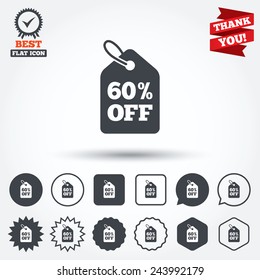 60% sale price tag sign icon. Discount symbol. Special offer label. Circle, star, speech bubble and square buttons. Award medal with check mark. Thank you. Vector