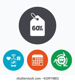 60% sale price tag sign icon. Discount symbol. Special offer label. Mobile payments, calendar and wifi icons. Bus shuttle.