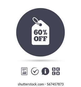 60% sale price tag sign icon. Discount symbol. Special offer label. Report document, information and check tick icons. Currency exchange. Vector