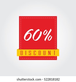 60 - sixty percent discount label with a line of edge stitching and yellow ribbons on white background