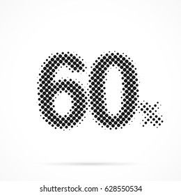 60% - Sixty Percent in halftone. Dotted illustration isolated on a white background.
Vector illustration.