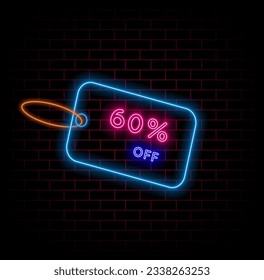 60%. sixty percent off. blue label. neon lettering template. in pink and blue colors. illustration for advertising, percentages, sale tag, percentage. neon style. brick wall background in red and blac