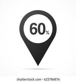 60% - Sixty Percent on map pin. Location pointer isolated on a white background.
Conceptual vector illustration.