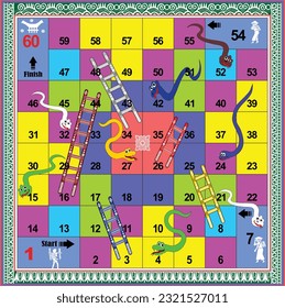 60 steps snakes and ladders board game with batik  background is ready to print