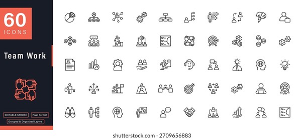 60 Iconos de línea de trabajo y gestión empresarial de Equipo