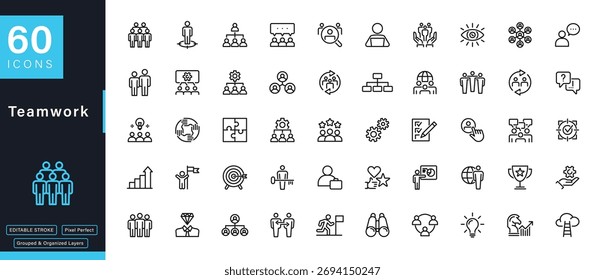 60 iconos de línea de trabajo en equipo y colaboración, Vector de trazo editable