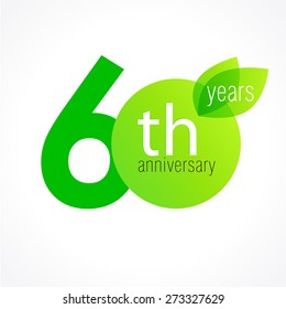 60 th anniversary numbers. 60 years old logotype. Age congrats, congratulation concept with leaves. Isolated abstract graphic design template. Herbal digits, up to 60% percent off discount. Eco label.