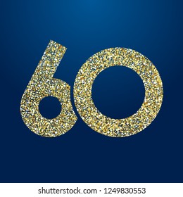 60 th years old logotype. Isolated golden color abstract dot graphic symbol of 60%. Shiny straight elegant cut label design template. Round shape digits, up to -60 % percent off sign. Discount emblem.