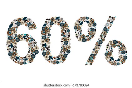 60% vector percentage number, consisting from flowers, leaves and dots on white background. Flat style elements. Perfect for sales, discount, retails. Trendy colors