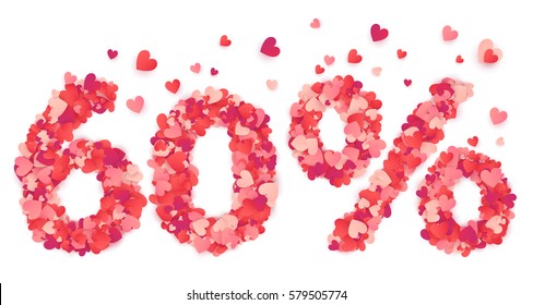 60% vector percentage number made from pink and red confetti hearts