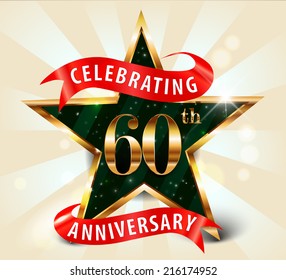 60 year anniversary celebration golden star ribbon, celebrating 60th anniversary decorative golden invitation card - vector eps10