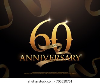 60 year anniversary celebration logotype template. 60th logo with ribbons on black background