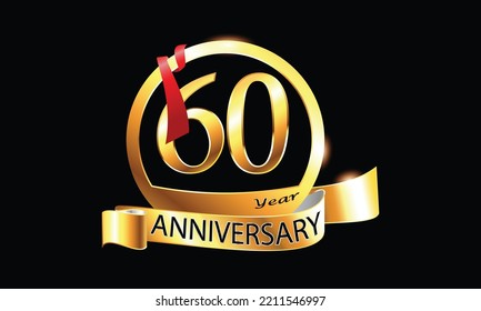 60 Year Anniversary celebration Vector Design with ring and red ribbon. 60th Anniversary celebration. Gold Luxury Banner of 60th Anniversary celebration. sixtieth celebration card. Vector anniversary