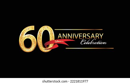 60 Year Anniversary celebration Vector Design. 60th Anniversary celebration. Gold Luxury Banner of 60th Anniversary celebration with red ribbon and glitter. Background celebration. Vector anniversary