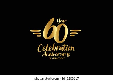 60 year anniversary gold colors on black background  with triple small stripes on left and right for greeting card, banner, invitation card - vector 