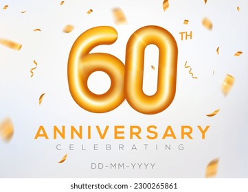 60 year anniversary gold number celebrate jubilee vector logo background. 60th anniversary event golden birthday design