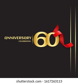 60 year anniversary logo template on black background. golden numbers with red ribbon vector