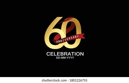 60 year anniversary red ribbon celebration logotype. anniversary logo with Red text and Spark light gold color isolated on black background, design for celebration, invitation - vector