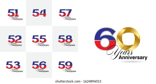 60 Year Anniversary Set 51, 52, 53, 54, 55, 56, 57, 58, 59 Vector Template Design Illustration