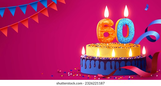 60 years anniversary. Cake with burning candles and confetti. Birthday banner. Vector illustration