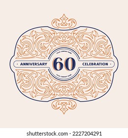 60 years anniversary celebration card with floral ornament in thin line style. Red and white colors on dark background