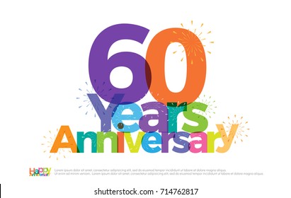 60 years anniversary celebration colorful logo with fireworks on white background. 60th anniversary logotype template design for banner, poster, card vector illustrator svg