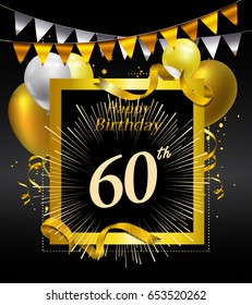 60 years anniversary celebration design. with confetti, balloon and flag golden colored isolated on black background, vector design for greeting card and invitation card