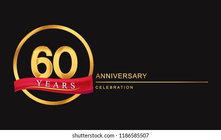 60 years anniversary celebration with golden color and ring, red ribbon for anniversary celebration