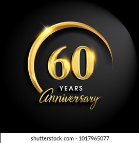 60 years anniversary celebration. Anniversary logo with ring and elegance golden color isolated on black background, vector design for celebration, invitation card, and greeting card